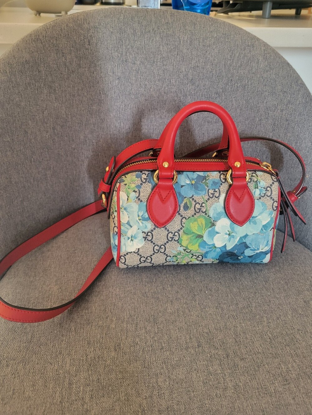 GUCCI Convertible Boston Floral Red Bag Blooms Print GG Coated Canvas Nano